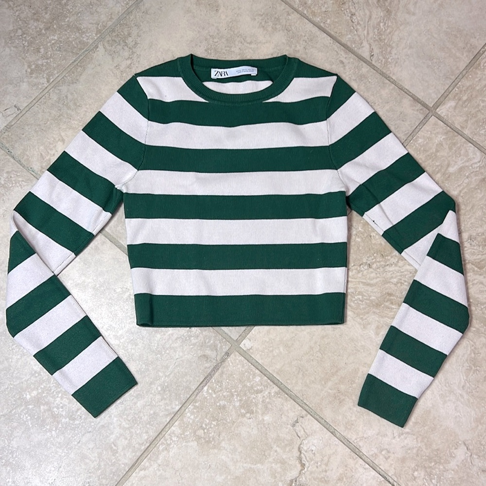 Zara Ribbed Cropped Striped Sweater - green/white - Size M